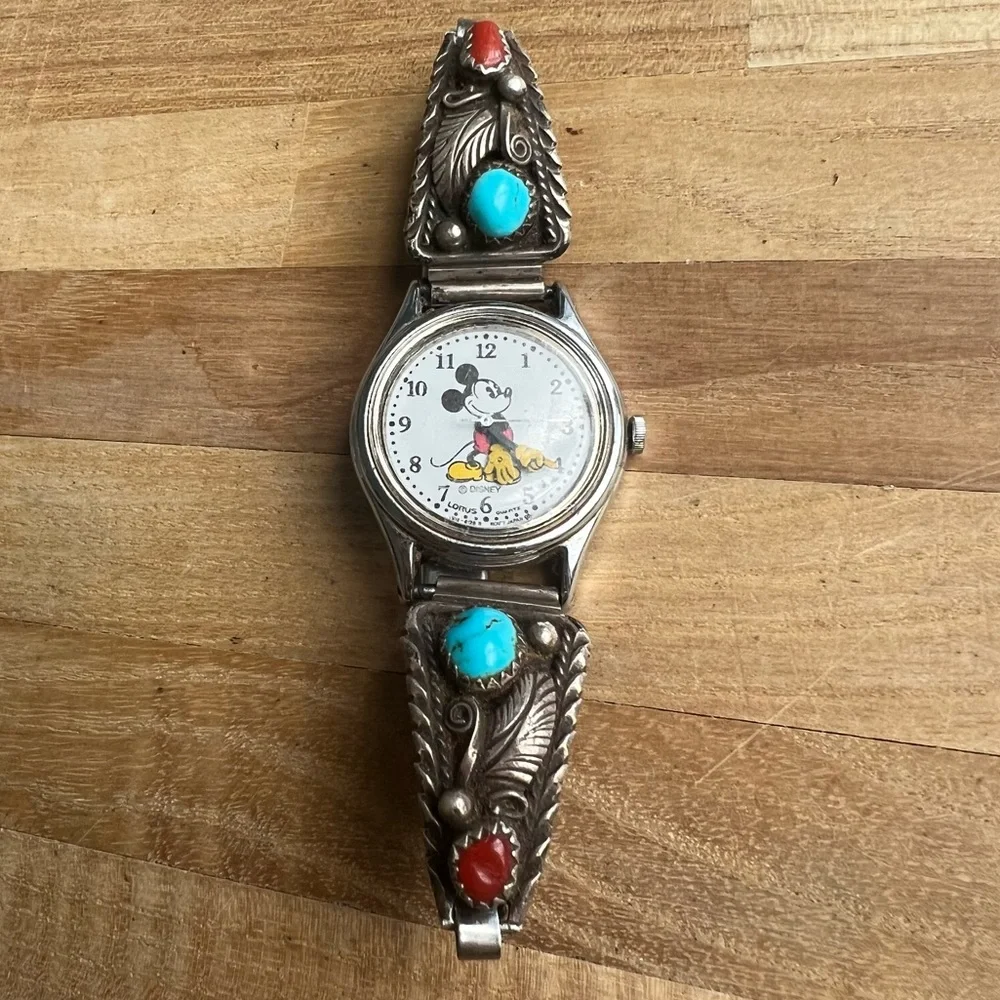 VTG Lorus Mickey Mouse ladies watch with Sterling silver Native American wings